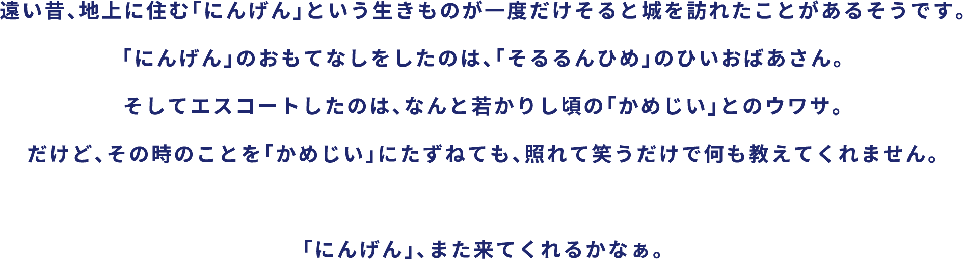 遠い昔、地上に住む「にんげん」という生きものが一度だけそると城を訪れたことがあるそうです。「にんげん」のおもてなしをしたのは、「そるるんひめ」のひいおばあさん。そしてエスコートしたのは、なんと若かりし頃の「かめじい」とのウワサ。だけど、その時のことを「かめじい」にたずねても、照れて笑うだけで何も教えてくれません。「にんげん」、また来てくれるかなぁ。